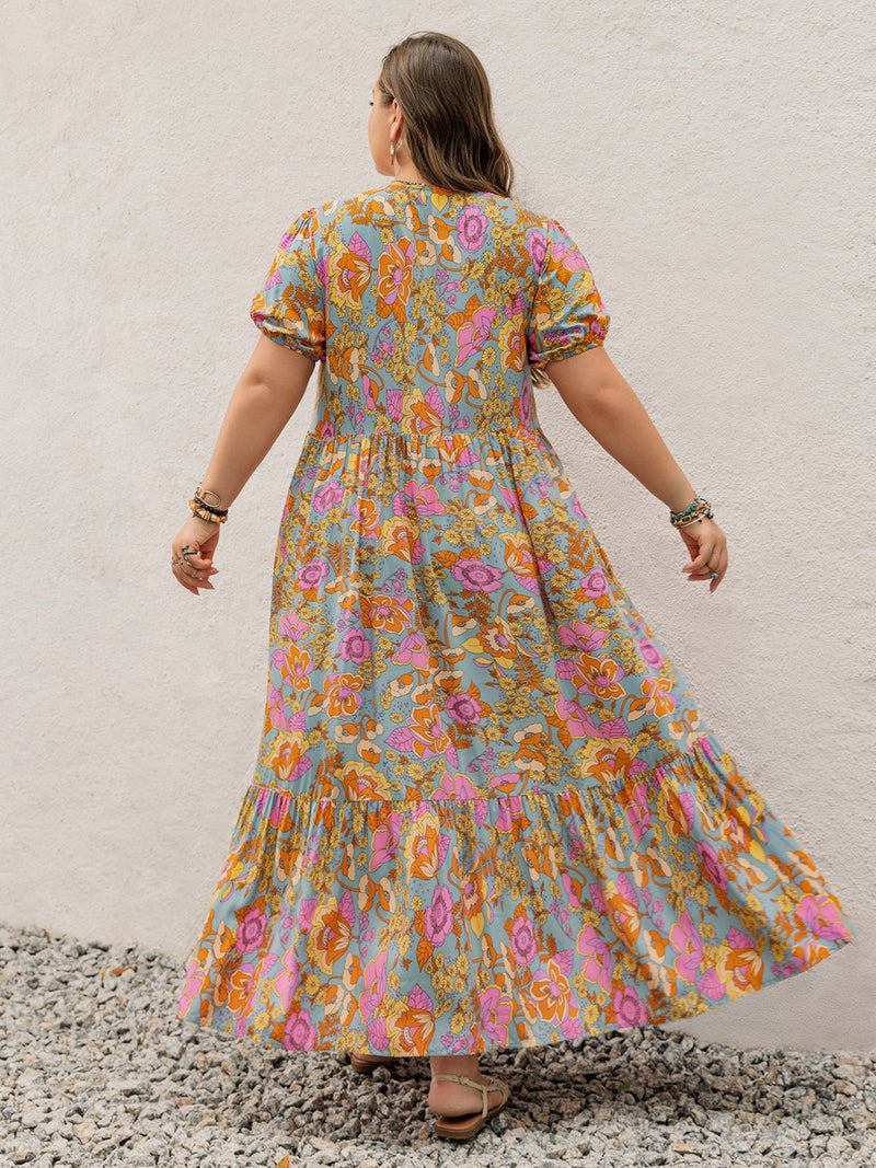 Plus Size Printed V-Neck Short Sleeve Maxi Dress